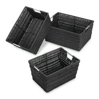 1PC Large, 2PCS Medium Wicker Shelf Storage Tote Basket Set of 3 StorageWorks Hand-Woven ACM Storage Basket Black